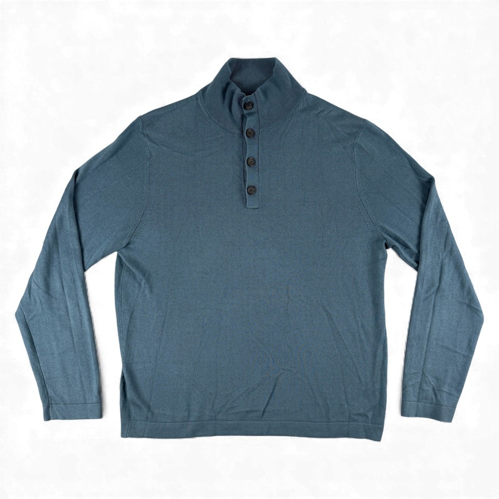 Banana Republic Sweater‎ Mens L Blue Silk Cashmere Mock Neck Button Pullover